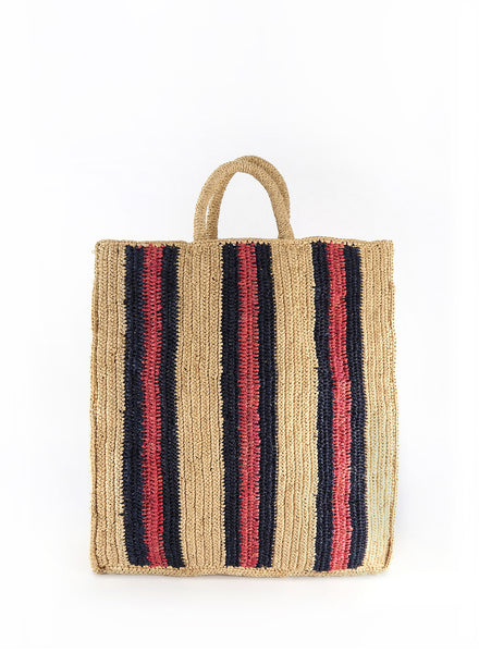 AIRO TOTE - Medium striped raffia tote in natural, navy and coral - front