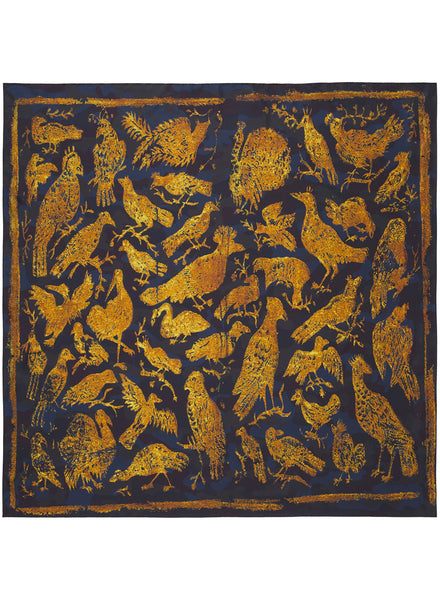 THE OISEAUX SQUARE - Purple and gold printed silk twill scarf - flat