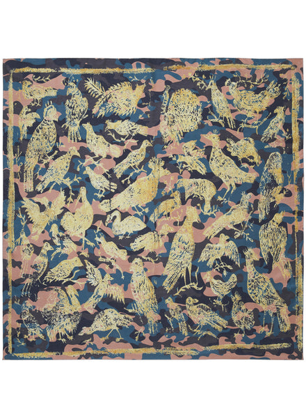 THE OISEAUX SQUARE - Pink and pale gold printed silk twill scarf - flat