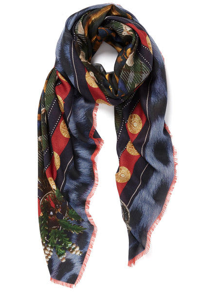THE HIGHLANDER SQUARE - Dark blue printed modal cashmere scarf - tied