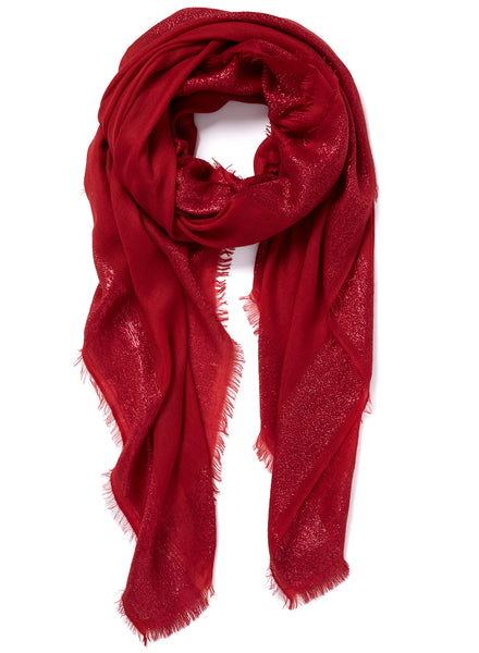 THE GILT SQUARE - Red cashmere scarf with red metallic Lurex border - tied