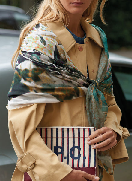 THE FREDDIE SQUARE - Turquoise multicoloured printed modal and cashmere scarf - model