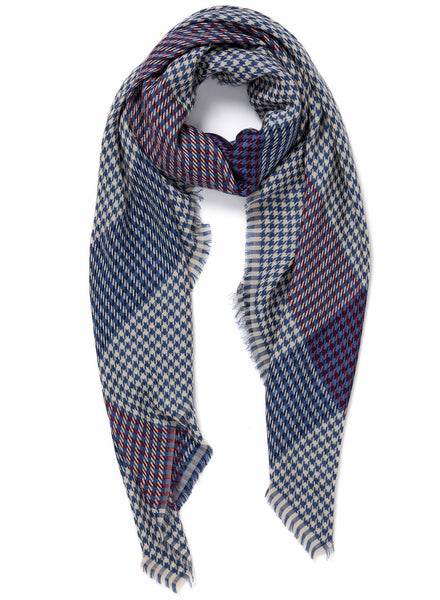 THE PICNIC SQUARE - Blue and burgundy checked modal and cotton scarf - tied