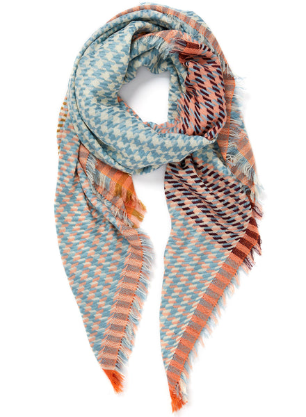 THE HOUNDSTOOTH SQUARE - Pale blue and white checked modal and cotton scarf with Lurex - tied