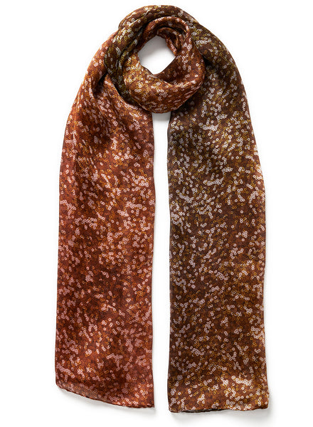 JANE CARR - THE OPERA SCARF - Tonal brown printed silk voile scarf - tied
