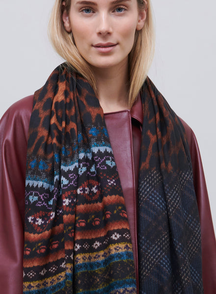 JANE CARR - THE PIPER WRAP - Dark blue and brown multicolour printed modal and cashmere scarf - model 1
