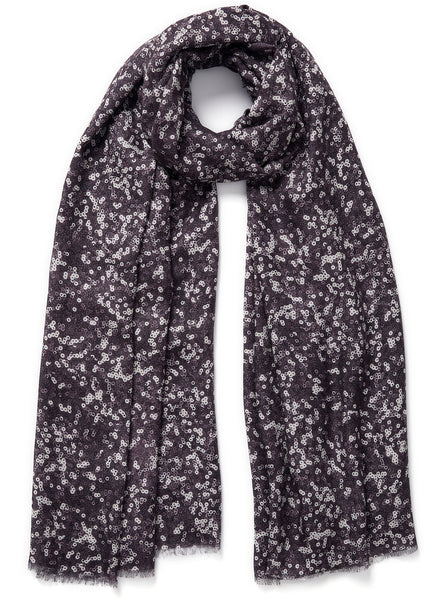JANE CARR - THE OPERA WRAP - Purple grey printed modal and cashmere scarf - tied
