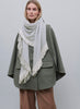 JANE CARR, THE CHALET SQUARE - Pale grey fringed pure cashmere scarf - model 1