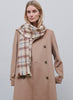 JANE CARR, THE PLAID SCARF - Burgundy and neutral checked wool and cashmere scarf - model