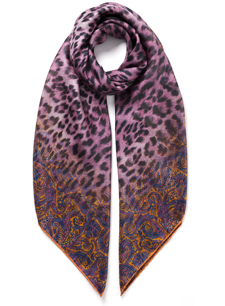 THE MEDINA SQUARE - Purple multicolour printed silk twill scarf - tied