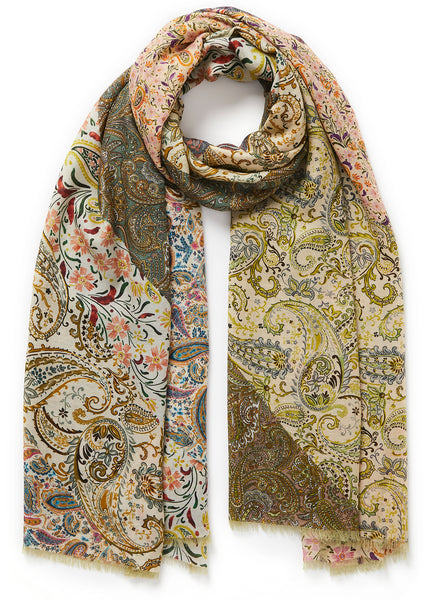 THE PAISLEY WRAP - Green and pink multicolour printed modal and cashmere scarf - tied