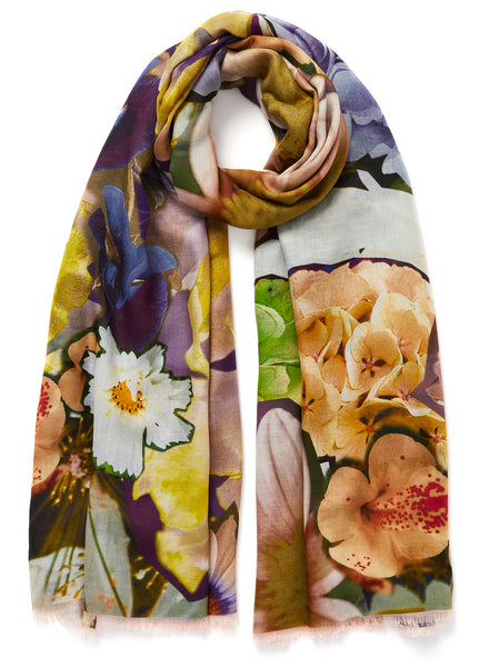 THE HORTENSIA WRAP - Purple and green multicolour printed modal and cashmere scarf - tied
