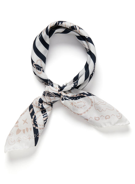 THE BRETON NECKERCHIEF - Black and white printed silk twill scarf - tied