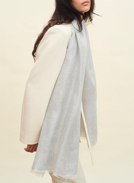 THE SUMMER COSMOS SCARF - Pale grey cashmere and linen scarf with silver Lurex - model