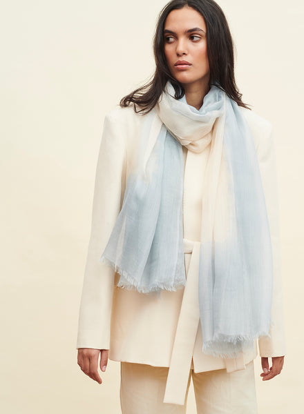 THE TWO-TONE WRAP - Pale blue and cream tie dye modal and cashmere wrap - model