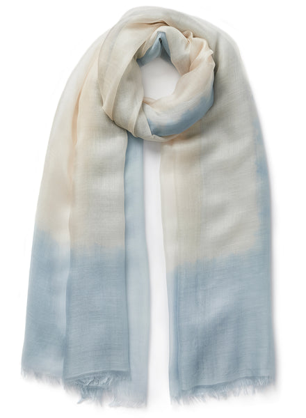 THE TWO-TONE WRAP - Pale blue and cream tie dye modal and cashmere wrap - tied