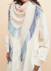 THE CABANA - Cream and blue fringed cashmere and linen triangle scarf - model