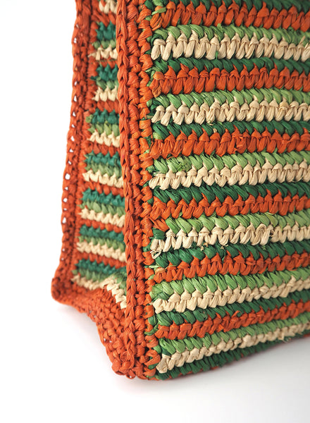 MALINA BAG - Medium striped raffia tote in orange, leaf, apple and natural - detail 1