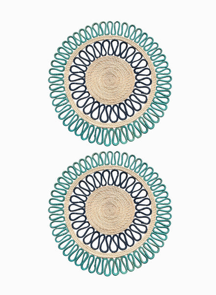 SET OF 2 MAGNOLIA PLACEMATS - Pair of large, hand woven raffia placemats in aquamarine and navy - 2
