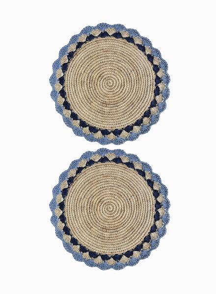 SET OF 2 PETAL PLACEMATS - Pair of large, hand-woven raffia placemats in baby blue and navy - 2