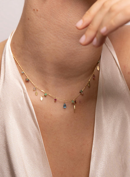 Romantic World Mixed Stone Gold Necklace - model