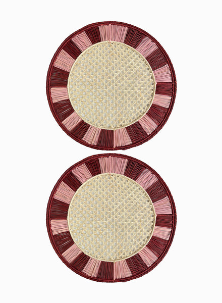 SET OF 2 TWIST PLACEMATS - Pair of large, hand-woven raffia placemats in burgundy and pink - 2