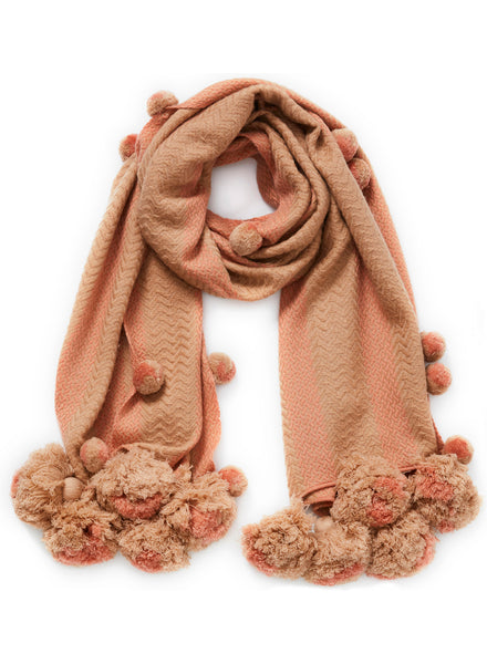 JANE CARR The Pom-Pom Scarf in Coral, pink wool and cashmere wrap with oversized pom poms – tied