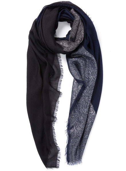 JANE CARR The Block Square in Navy, two tone cashmere scarf with Lurex – tied