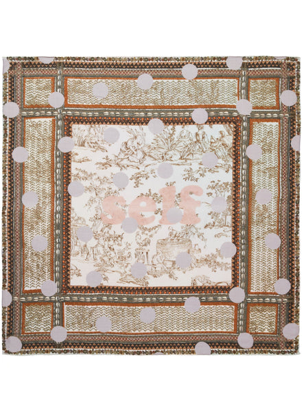 JANE CARR The Self Square in Pearl, neutral multicoloured printed silk twill scarf – flat