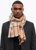 JANE CARR The Plaid Scarf in Tan, orange multicolour grid wool and cashmere scarf – model 2