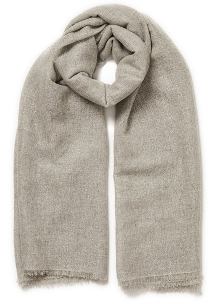 JANE CARR The Cosmos Scarf in Mist, pale grey cashmere scarf woven with silver Lurex – tied