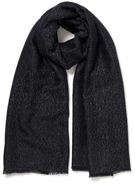 JANE CARR The Cosmos Scarf in Navy, navy cashmere scarf woven with silver Lurex – tied