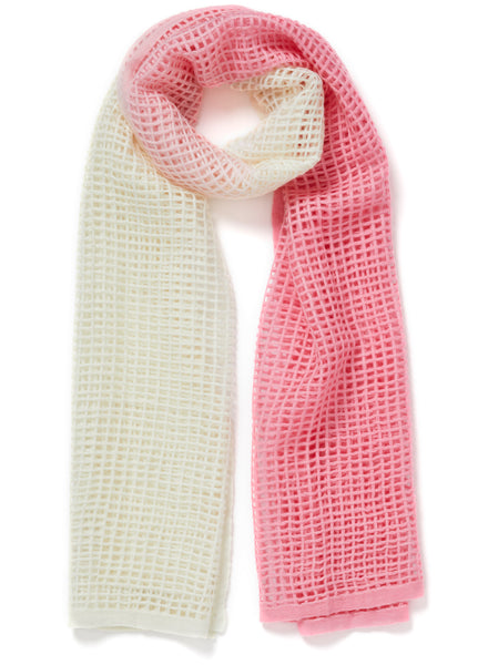 JANE CARR The Shadow Mesh Scarf in Marshmallow, pink and white grid woven cashmere scarf – tied