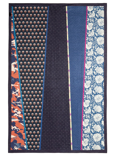 JANE CARR The Puzzle Pareo in Navy, dark blue multicolour printed cotton and silk-blend pareo – flat