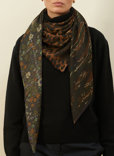 JANE CARR The Medley Square in Army Green, khaki green printed modal and cashmere scarf – model 1