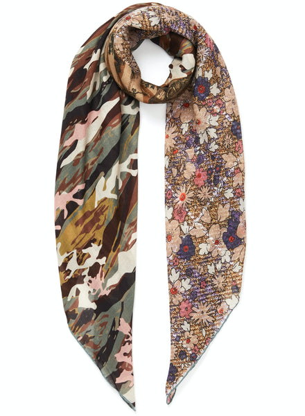 JANE CARR The Medley Square in Grey-green, neutral multicolour printed modal and cashmere scarf – tied