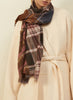 JANE CARR The Stirling Wrap in Chaffinch, blue and brown multicolour printed modal and cashmere scarf – model 2