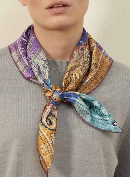 JANE CARR The Atlas Petit Foulard in Multi, bright multicolour printed silk twill scarf – model 1