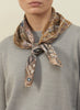 JANE CARR The Atlas Petit Foulard in Olive, neutral multicolour printed silk twill scarf – model 3