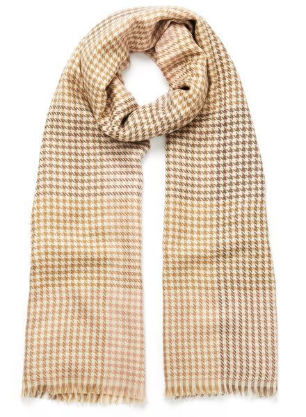 JANE CARR The Jenga Scarf in Blush, camel and pink checked lambswool scarf – tied