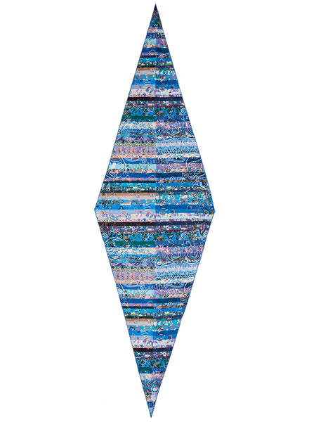 The Anagram Necker, blue multicolour printed silk twill scarf – flat