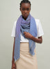 The Jenga Square, blue and white checked lambswool scarf – model
