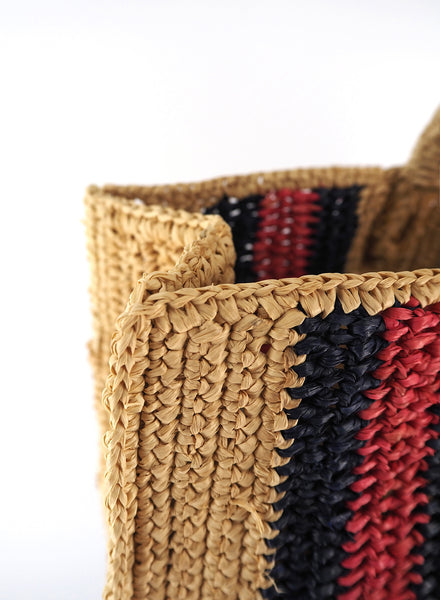 AIRO TOTE - Medium striped raffia tote in natural, navy and coral - detail 1