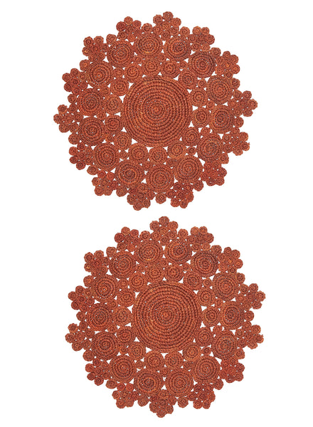 SET OF 2 FLEUR PLACEMATS - Pair of large, hand-woven raffia placemats in terracotta - 2