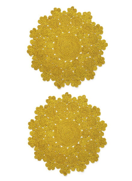 SET OF 2 FLEUR PLACEMATS - Pair of large, hand-woven raffia placemats in yellow - 2