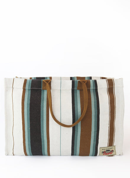 THE BEACH BAG - Coffee Striped Oversized Cotton and Jute Tote - front