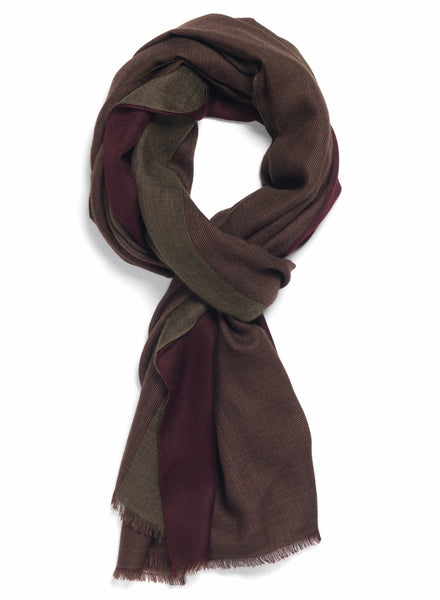 THE DOUBLE - Burgundy and taupe dual weave pure cashmere woven scarf - tied
