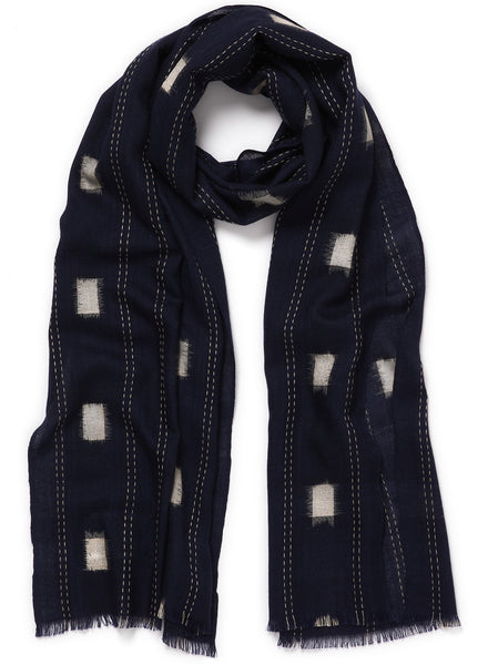 THE IKAT SCARF - Navy two tone pure cashmere woven scarf - tied