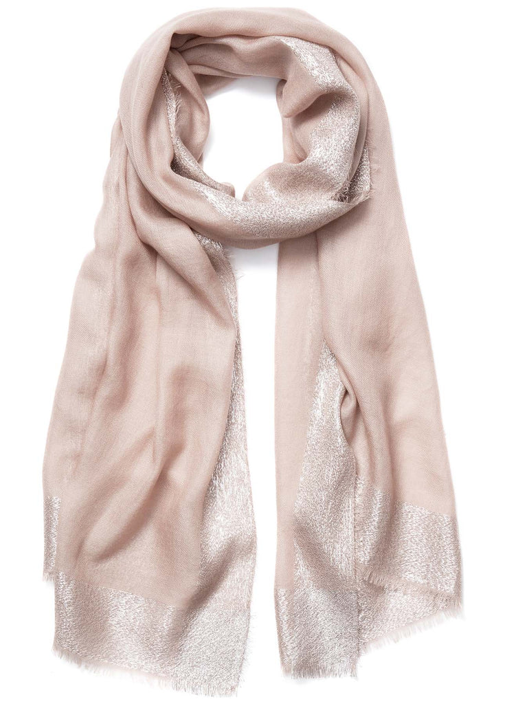 JANE CARR THE ARGENT WRAP - Pale pink pure cashmere scarf with silver metallic border - tied