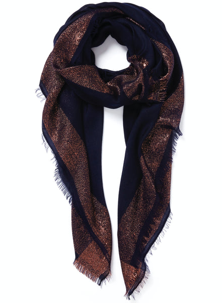 THE GILT SQUARE - Navy cashmere scarf with copper Lurex border - tied